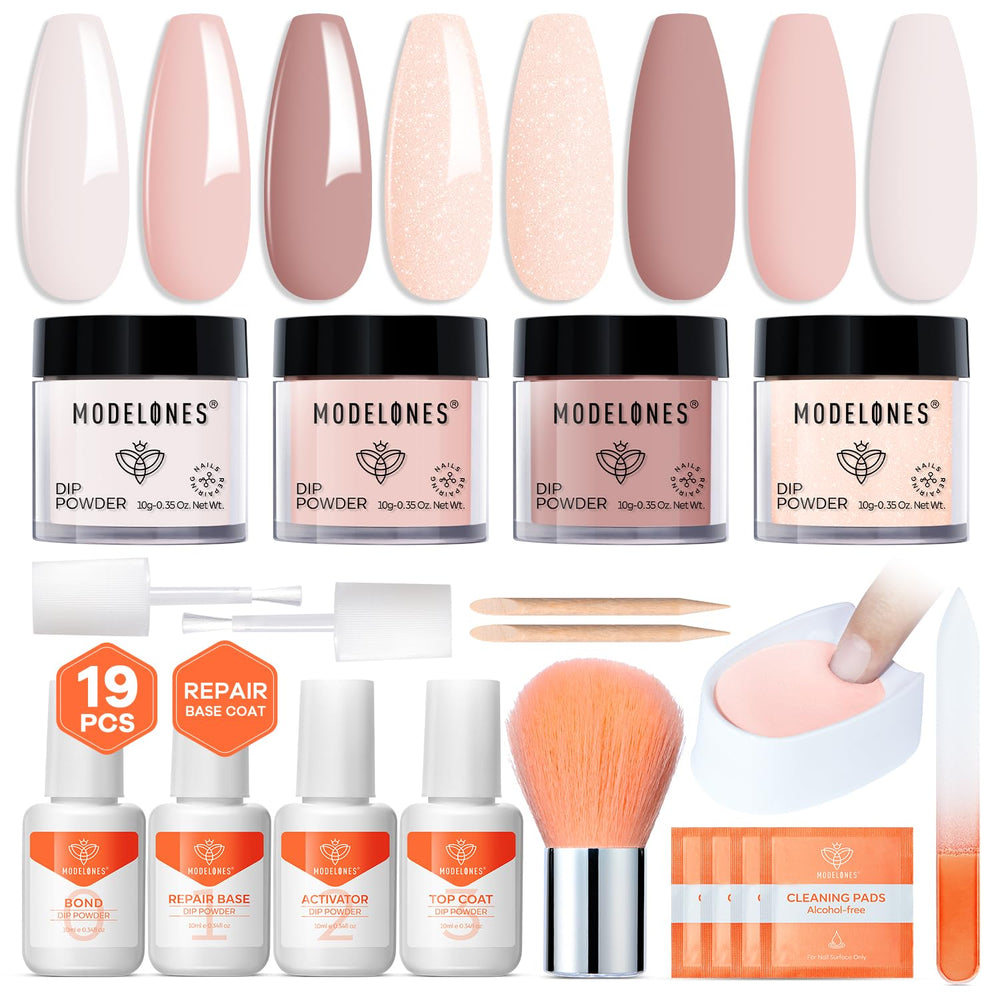 Modelones dip powder nail kit swatches show four color options for versatile looks.