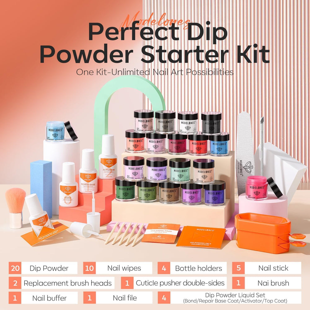 Modelones dip powder tools and tray for a clean, professional home manicure.