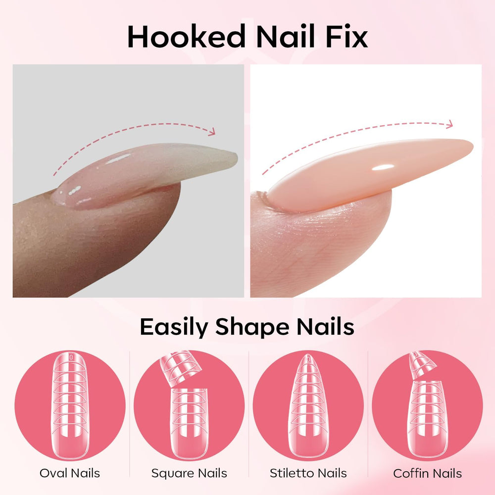 Modelones extension look with glossy finish using base and top coats.