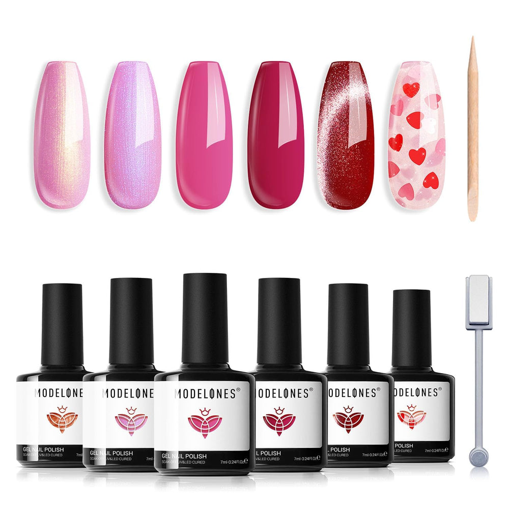 Modelones gift-set packaging with six polishes and accessories.