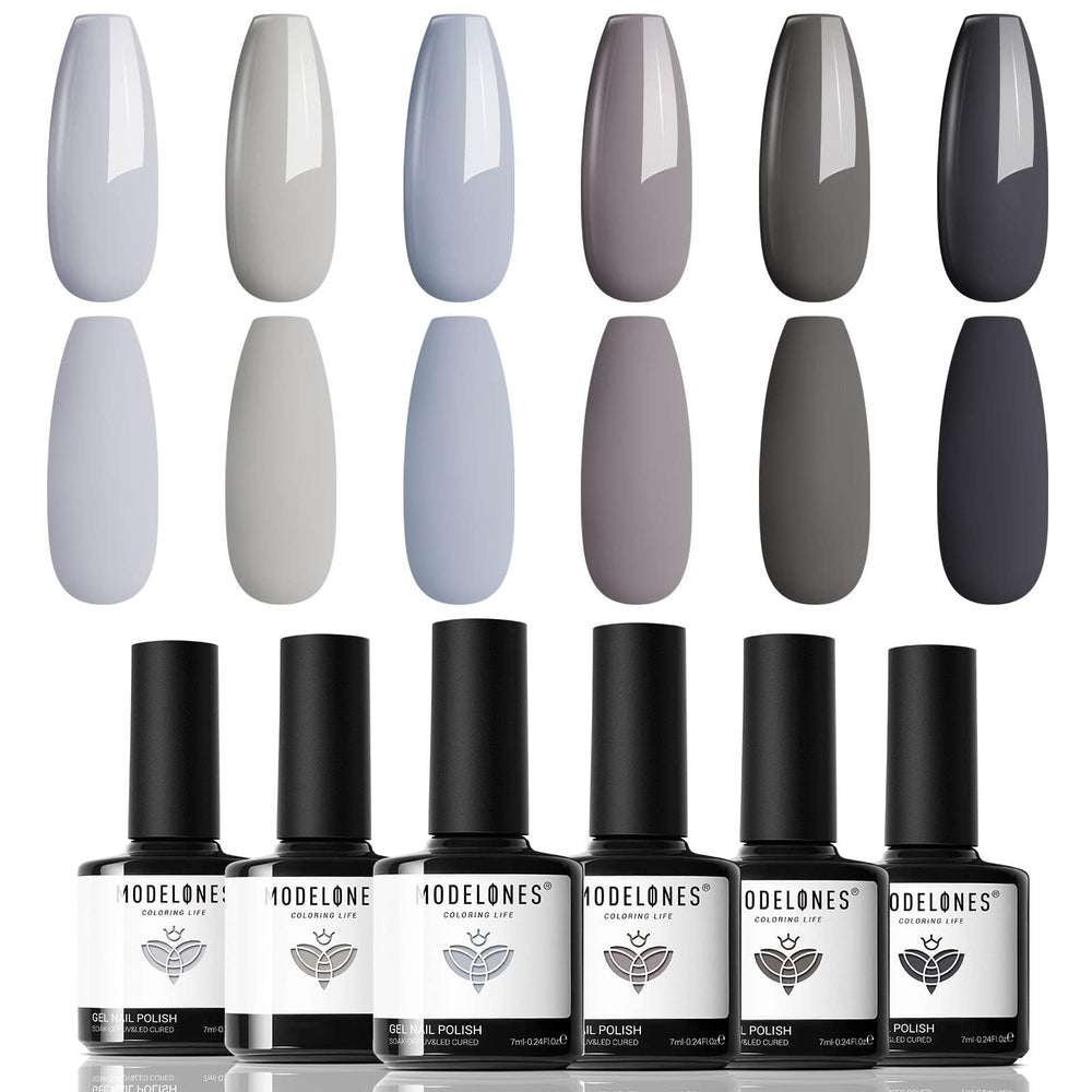 Modelones grey gel nail polish set shown in front view for a six-color manicure.