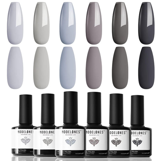 Modelones grey gel nail polish set shown in front view for a six-color manicure.