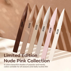 Modelones latte soft-tone nude powder swatch on nail for subtle elegance.