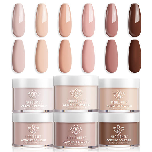 Modelones six-color acrylic powder swatches in nude tones for versatile nail art.