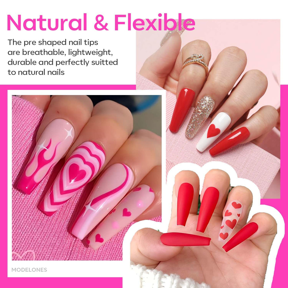 Long coffin nail tips close-up showing half-matte texture and adhesion benefits