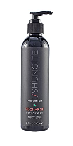 Modern ŌM Shungite Recharge Body Wash bottle for daily cleansing and aromatherapy.