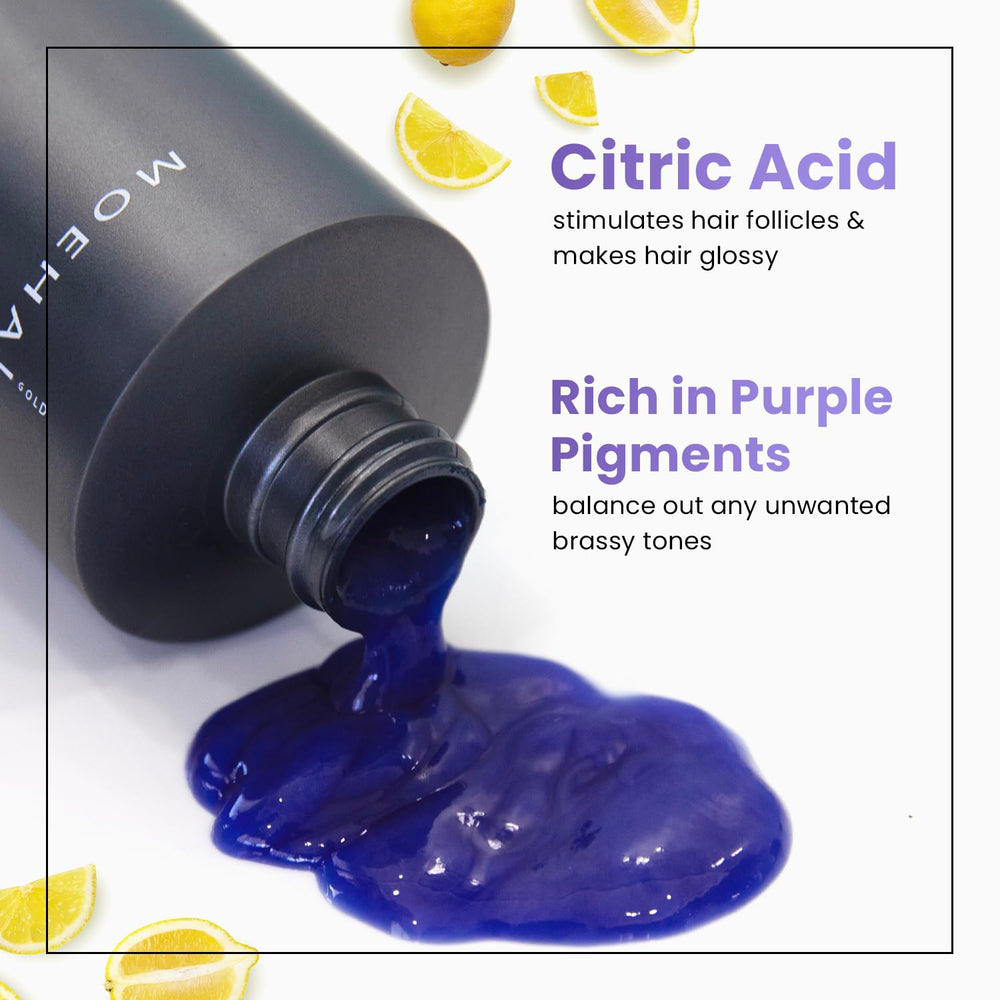 MOEHAIR Color Vibrant Silver Shampoo bottle close-up showing purple pigment action.