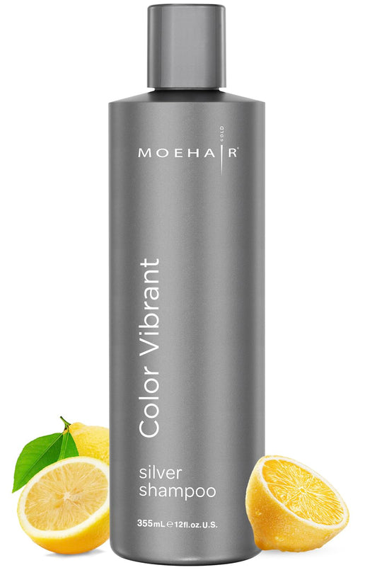 MOEHAIR Color Vibrant Silver Shampoo bottle pouring to refresh cool silver tones.