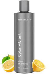 MOEHAIR Color Vibrant Silver Shampoo bottle pouring to refresh cool silver tones.