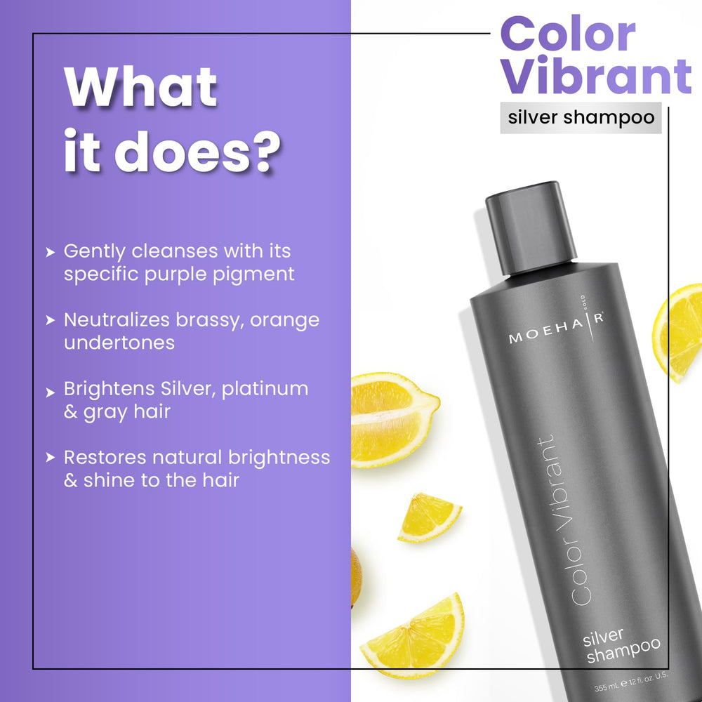 MOEHAIR Color Vibrant Silver Shampoo lather on wet hair providing gentle cleansing.