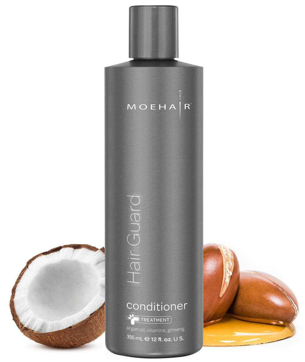 MOEHAIR Hair Guard Conditioner bottle demonstrates hydrating care for healthier-looking hair.