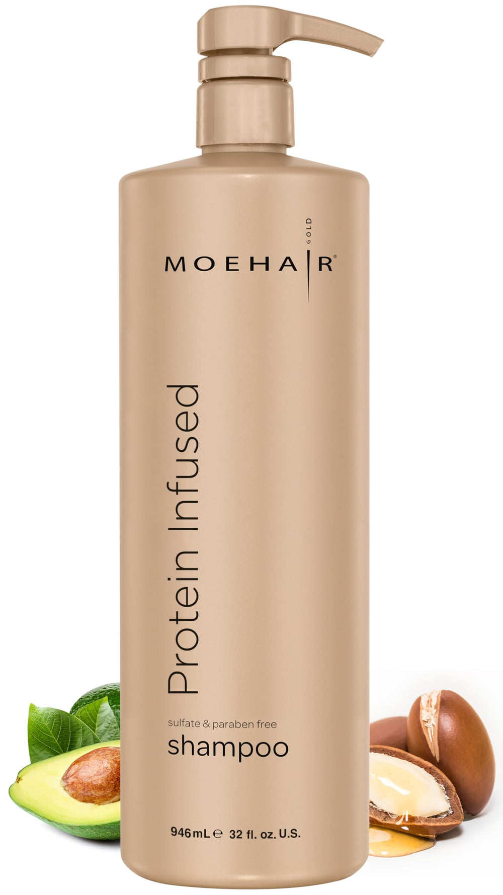 MOEHAIR Protein Infused Shampoo bottle demonstrates anti-frizz and moisturizing care.
