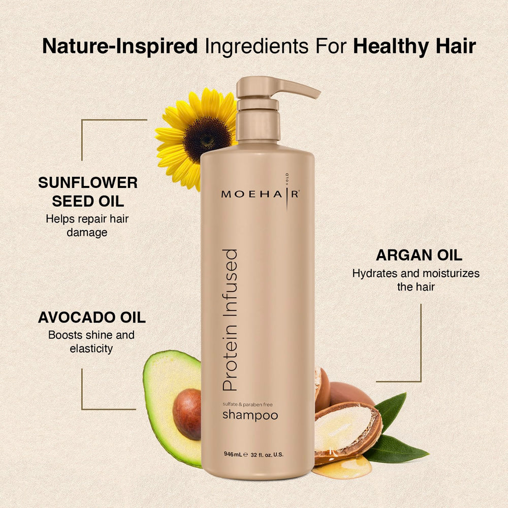 MOEHAIR Shampoo label highlights protein-rich formula for stronger strands.