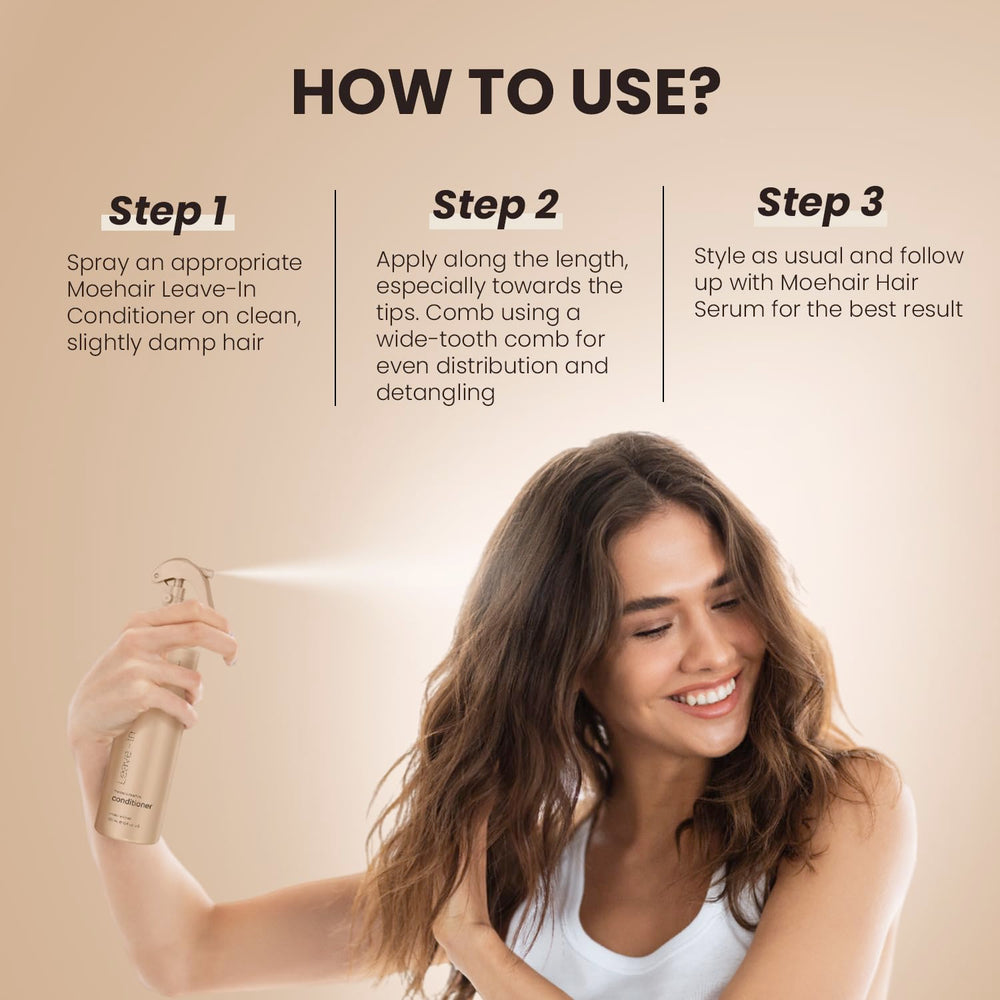 MOEHAIR leave-in conditioner with argan and proteins repairs ends.