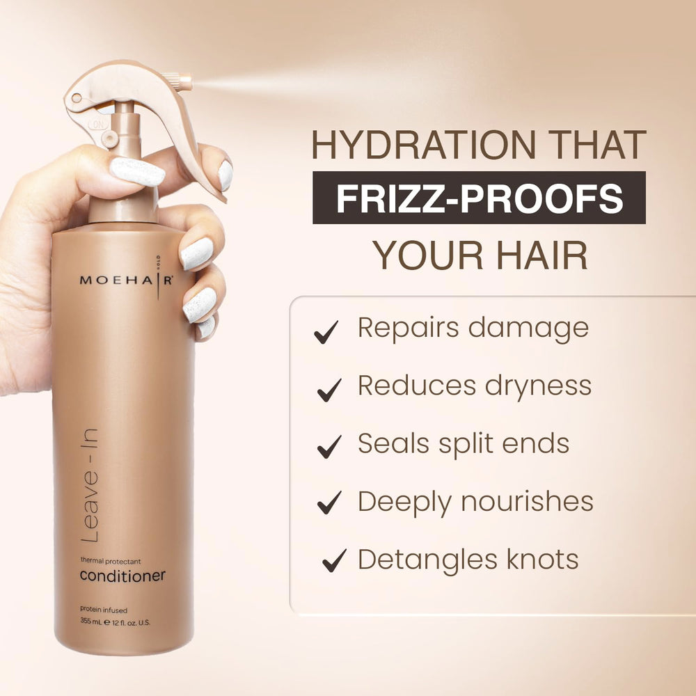 MOEHAIR leave-in conditioner applied to damp hair improves manageability.