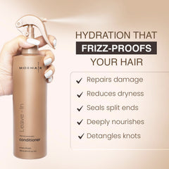 MOEHAIR leave-in conditioner applied to damp hair improves manageability.