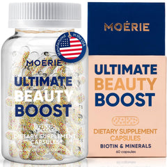 Moerie Ultimate Hair Boost bottle with premium packaging for daily hair, skin, and nails support