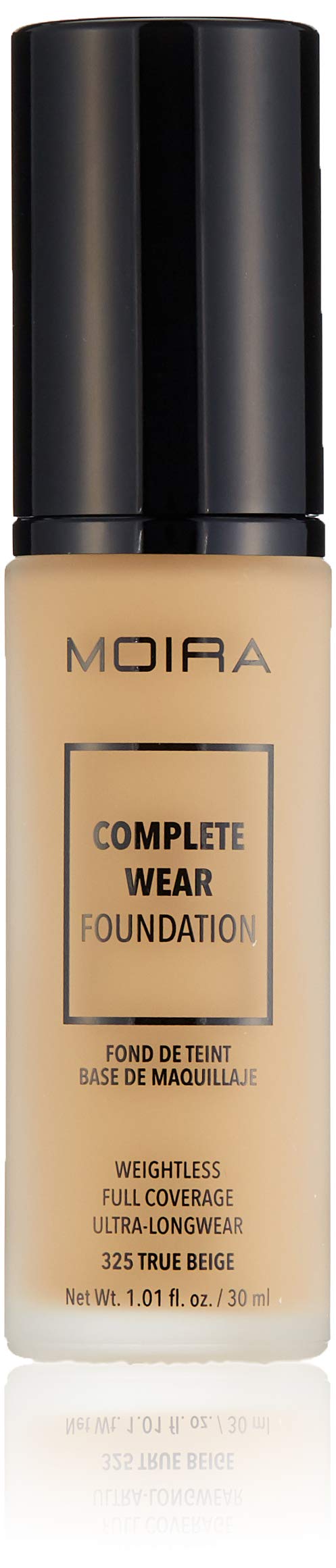 Moira Complete Wear Foundation 325 True Beige bottle shows long-lasting matte finish.