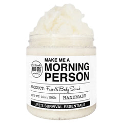 Mojo Spa Make Me a Morning Person Scrub bottle, refreshing scent and gentle exfoliation.
