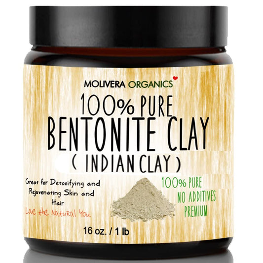 Molivera Organics bentonite clay jar closeup for natural cleansing.