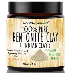Molivera Organics bentonite clay jar closeup for natural cleansing.