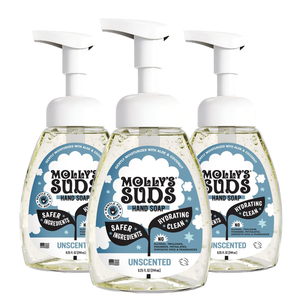 Molly's Suds foaming hand soap bottle with pump for gentle cleansing.