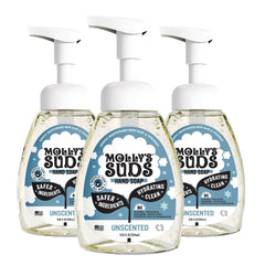 Molly's Suds foaming hand soap bottle with pump for gentle cleansing.