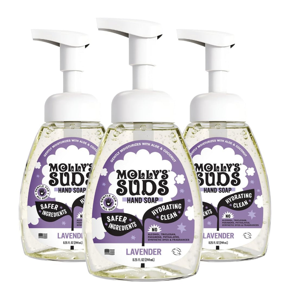Molly's Suds Lavender foaming hand soap bottles offering a calming cleanse