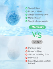 Momcozy bath bombs produce soft bubbles and calming scents.