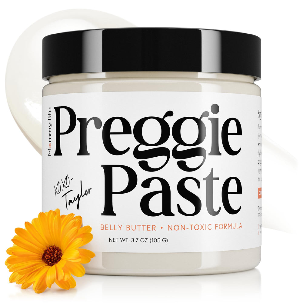 MOMMY LIFE Preggie Paste Belly Butter jar closeup showing rich oil texture for pregnancy skin care.