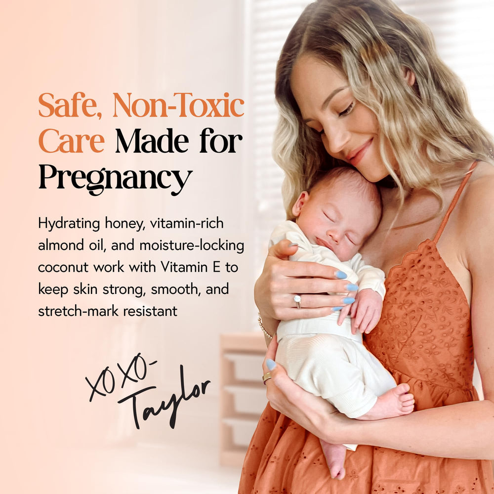 MOMMY LIFE Preggie Paste Belly Butter warmed between hands demonstrating easy spread.