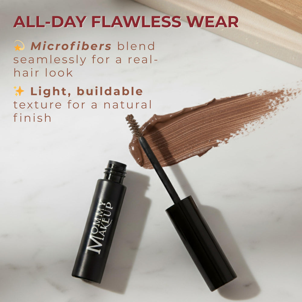 Macro view of microfibers adding fullness to Mommy Makeup Brow Tint Copper.