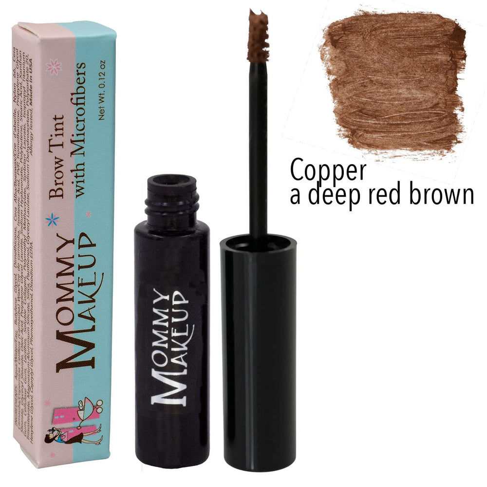 Copper swatch of Mommy Makeup Brow Tint demonstrates water resistance and long wear.