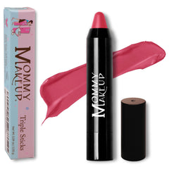 Mommy Makeup Triple Sticks packaging highlighting compact travel-friendly storage.