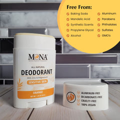 MONA hands applying orange deodorant showing smooth glide and irritation-free use
