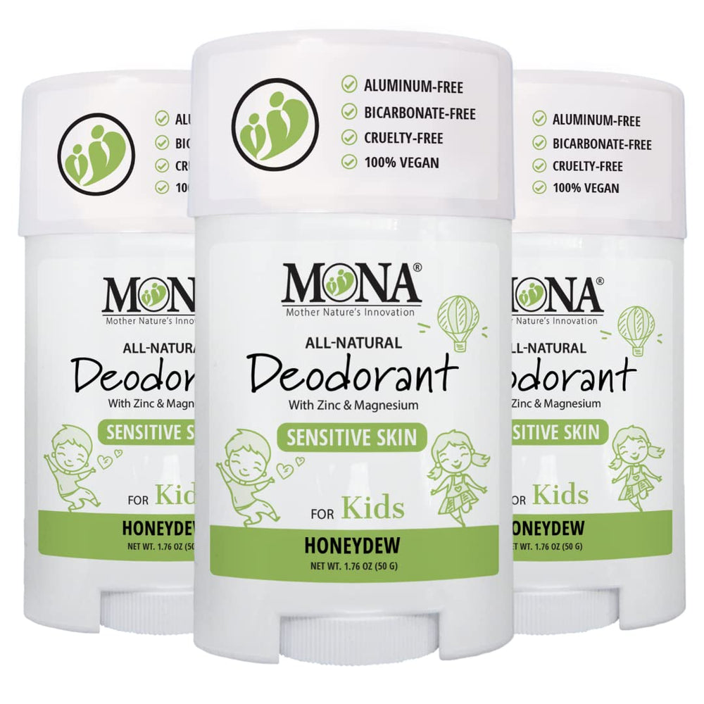MONA kids deodorant in honeydew packaging, ideal for daily school use