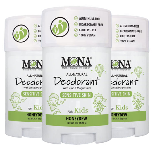 MONA kids deodorant in honeydew packaging, ideal for daily school use
