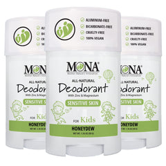MONA kids deodorant in honeydew packaging, ideal for daily school use