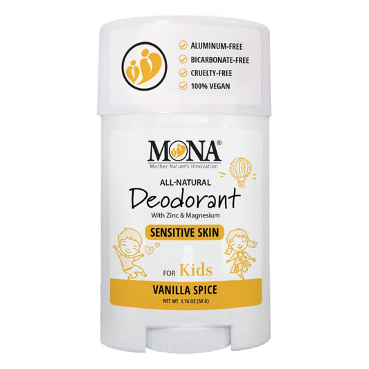 MONA Vanilla Spice deodorant stick for kids, aluminum-free and gentle on skin