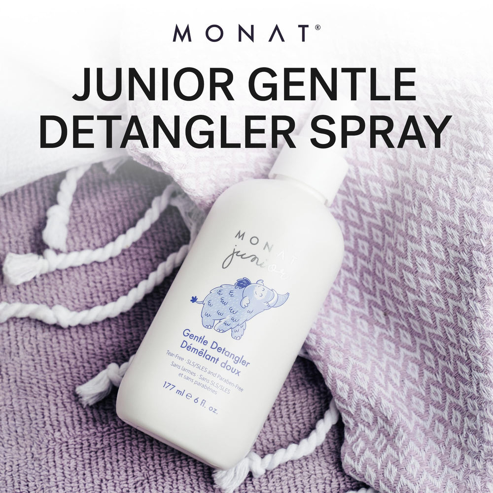 Close-up of MONAT Junior Gentle Detangler label showing tear-free formula.