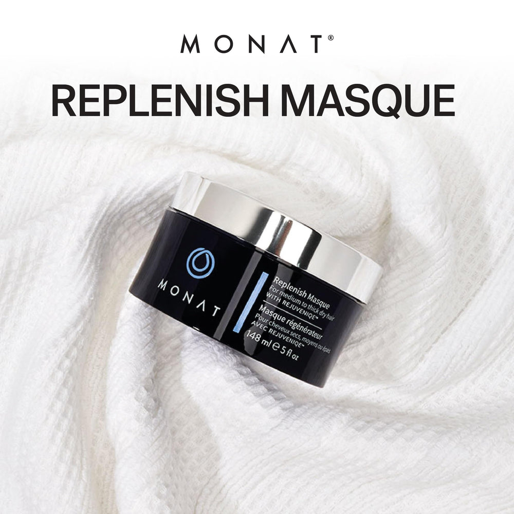 MONAT Replenish Masque hair application scene demonstrating smoothing and conditioning.