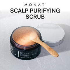 MONAT Scalp Purifying Scrub ingredients feature pink clay and AHAs for purification.