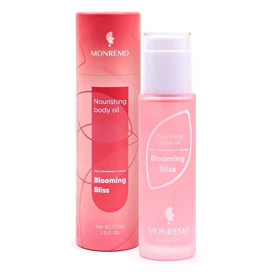 MONREMO Nourishing Body Oil bottle pouring for quick hydration