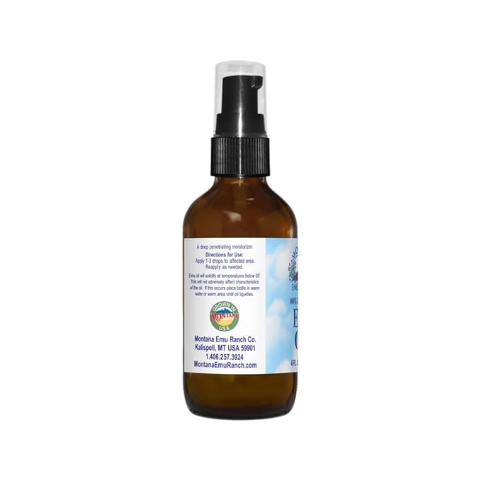 Montana Emu Ranch Emu Oil glass bottle on a shelf indicating stability and odor-free quality