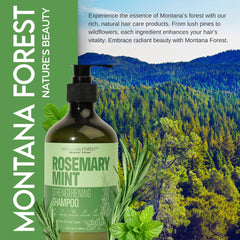 MONTANA FOREST Rosemary Mint Strengthening Shampoo pour showing natural formula ideal for scalp rejuvenation