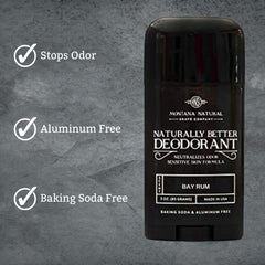 Montana Natural Shave Co. Bay Rum Deodorant label close-up with ingredient transparency.