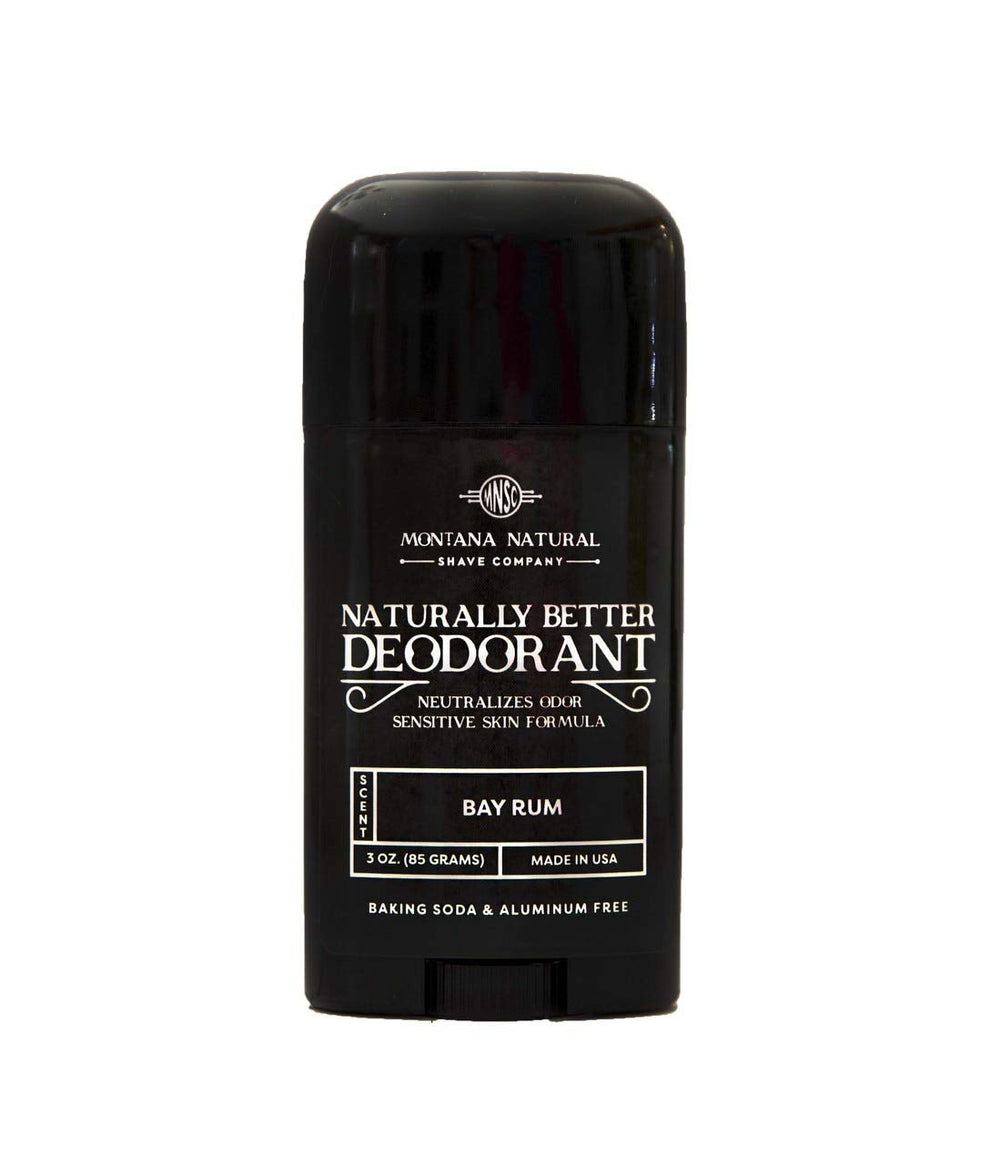Montana Natural Shave Co. Bay Rum Deodorant pack shot, aluminum-free natural formula.