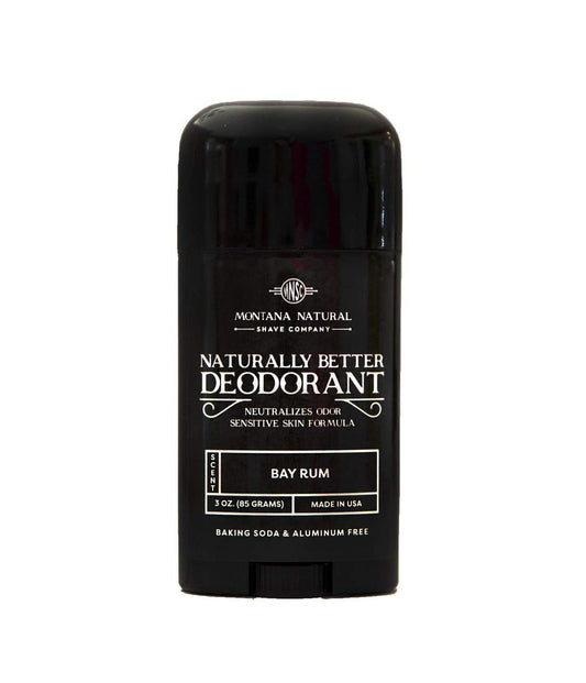 Montana Natural Shave Co. Bay Rum Deodorant pack shot, aluminum-free natural formula.