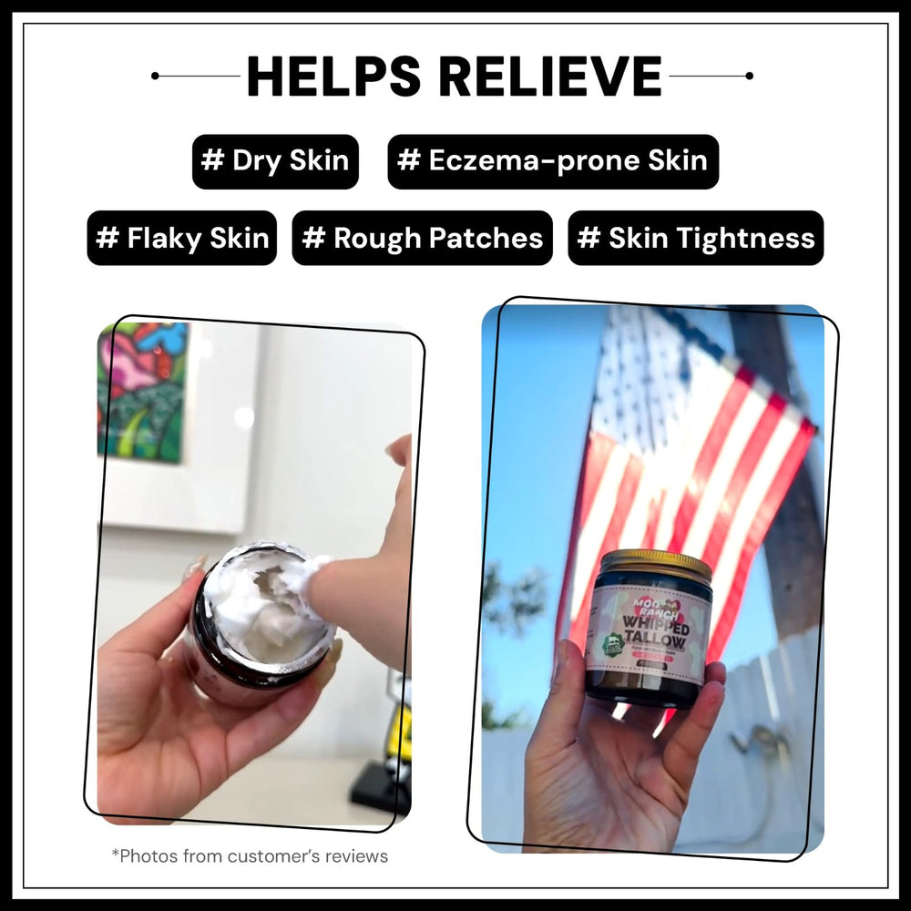 Moo Ranch whipped tallow hand application demonstrates soothing moisture for rough skin.
