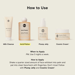 Moon Juice Acid Potion bottle and ingredients graphic indicating 25% AHA/BHA complex